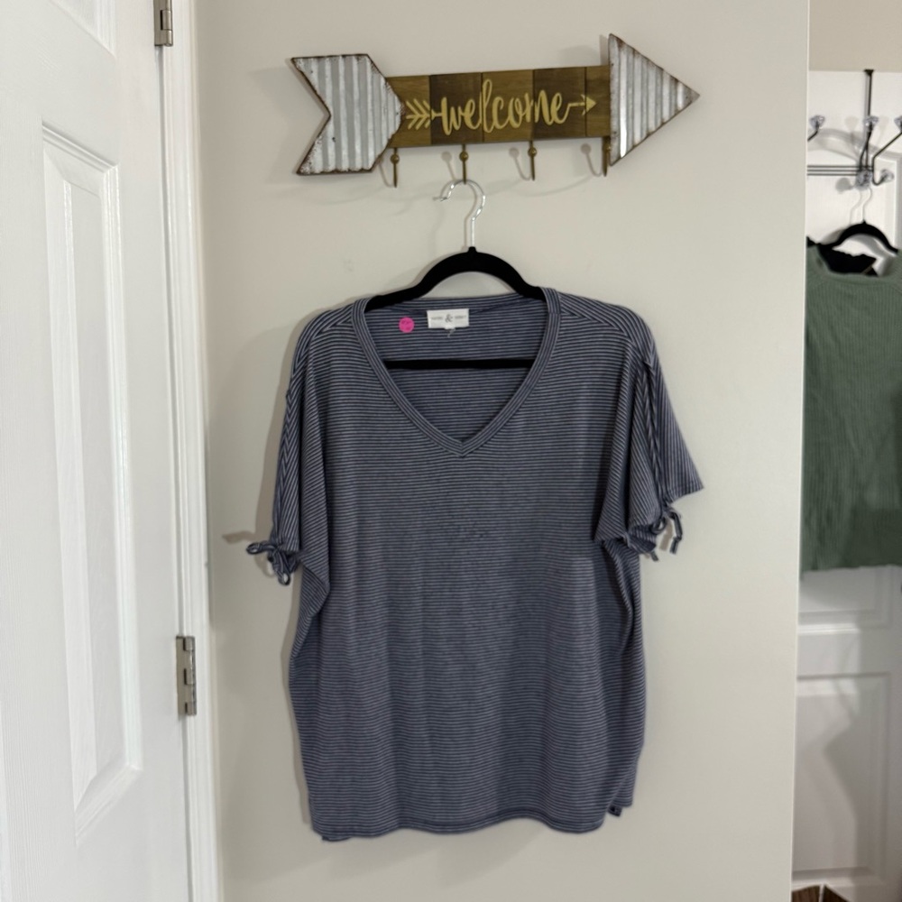 Thyme & Honey Casual Striped V-Neck Tee with Cut out Tie Sleeves